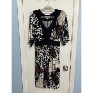 Y2K Elliott Lauren Dress Medium Brown Black Retro Floral Boho Office Hippie